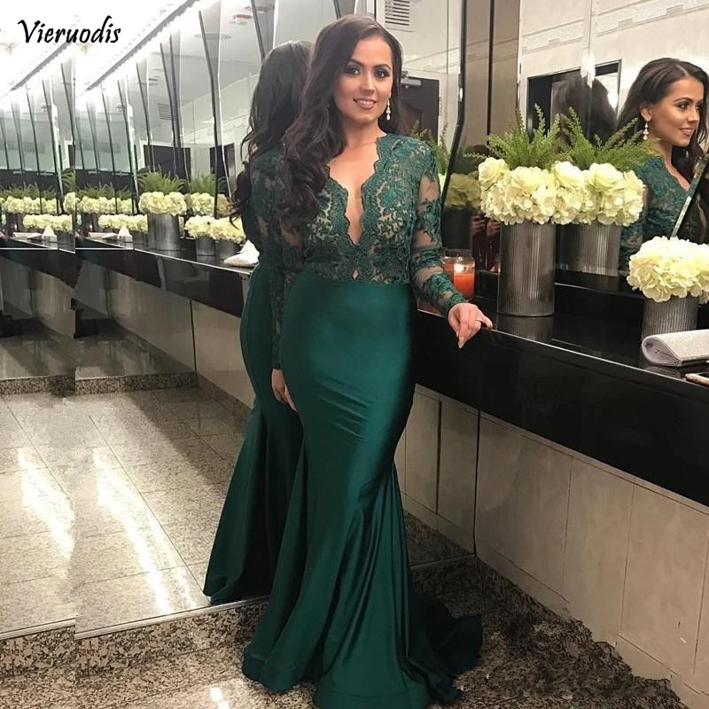 10-1             New Listed Mermaid Prom Dresses 2019 Green Formal Dress V-Neck Illusion Lace Appliques Long Sleeves Elegant Evening Gown
