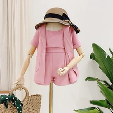 Mihkalev/Летняя одежда для девочек, коллекция года, детская одежда, одежда для девочек, топы на бретельках+ шорты+ куртка, комплект детской одежды из 3 предметов, спортивный костюм