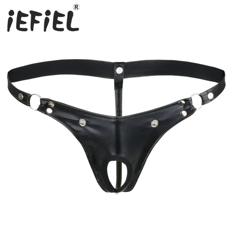 

iEFiEL Sexy Mens Faux Leather Buckled Bulge Pouch G-string Jockstrap Gay Male Underwear Soft Lingerie Night Comfortable Thongs