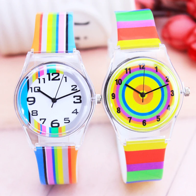 

2018 new women fashion rainbow stripe quartz watches girls students colorful electronic water resistant wristwatches