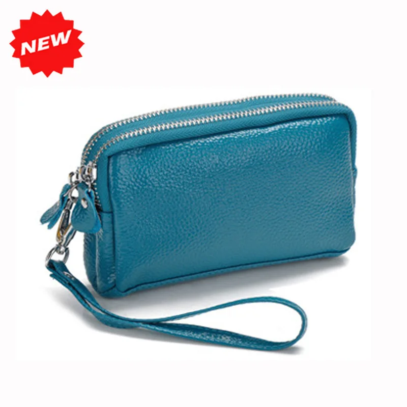 2017 Genuine Leather Women Coin Purse Double Zipper Mobile Bag Lady Clutch Wristlet Bags easy for carry clutches Wholesale|bag ladies|bags