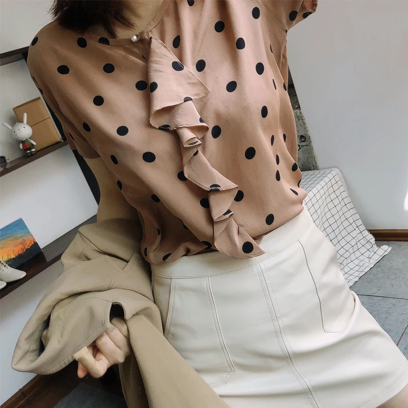 

Women Summer Silk Blouse V neck Short Sleeve office wear casual elegant natural silk blouses real silk work wear dots print tops