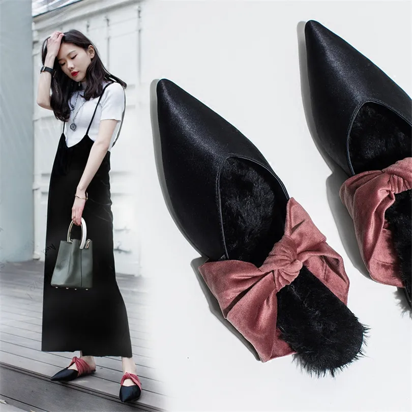 

2017 Hot Fashion Satin New Designer Flat Wool Basic Outside New Designer Cozy Zapatos Spring&Autumn Retro Shoes Women Slippers