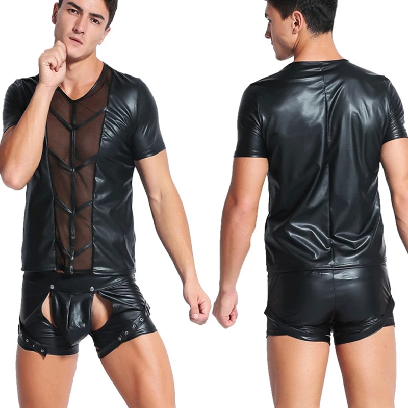 Летняя новинка, модная черная Мужская сексуальная одежда из искусственной кожи, нижнее белье для фитнеса, облегающие футболки с короткими рукавами, сетчатые футболки