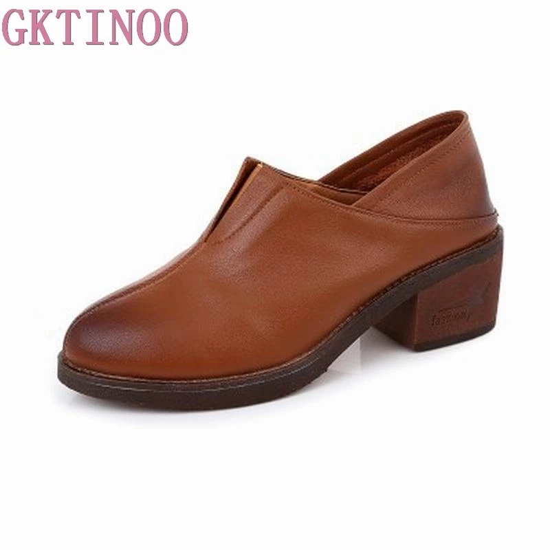 

GKTINOO 2018 Lady Real Leather Thick Heel Women's Pumps For Women Fashion Pointed Toe High Heel Slip-On Pumps Shoe Two Way Wear