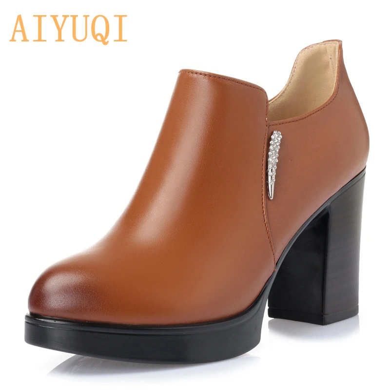 AIYUQI 2019 thick heel platform round toe leather shoes, small yards women genuine leather black high-heeled shoes female