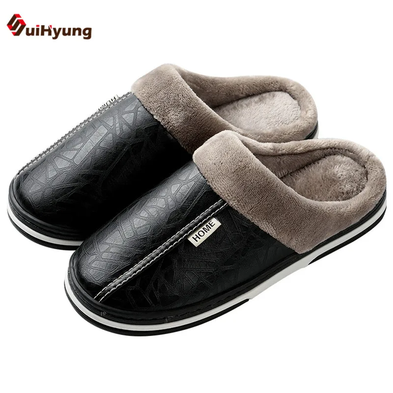 

Winter New Men's Warm Plush Slippers Waterproof Dirt Resistant PU Leather Indoor Slippers Non-slip Home Shoes Big Size 41-50