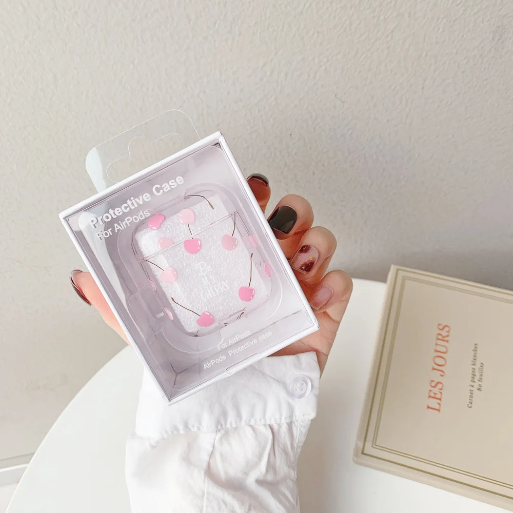 Pink Honey peaches Hard PC Crystal Cover Bag Cases Transparent Cherry Earphone Case for Apple AirPods 1 2 Wired Charging Box