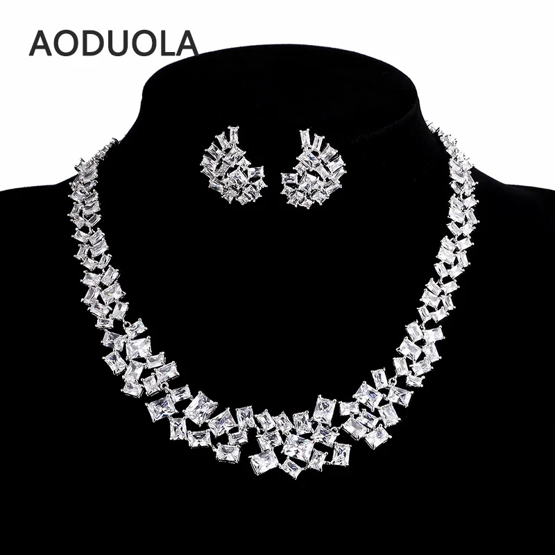 Sliver Plated Square CZ Necklace And Earring Set Wedding Bridal Dress