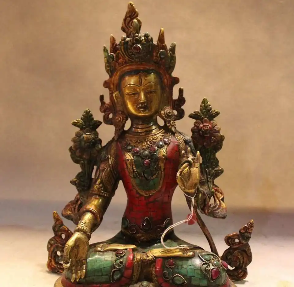 

11"Tibet Buddhism Temple Bronze Gold Turquoise Coral Gem White Tara Kwan-Yin