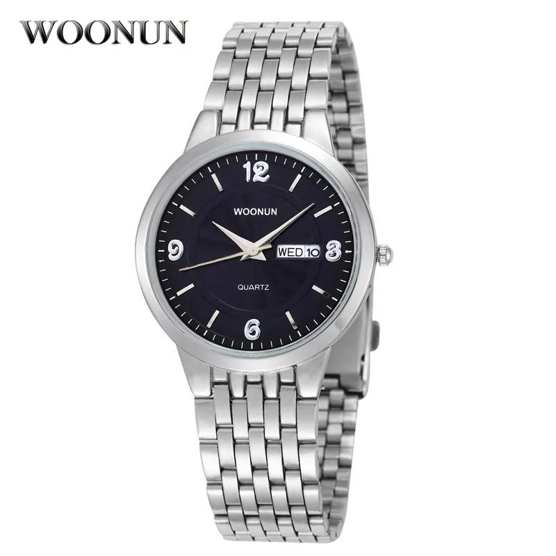 

WOONUN Top Brand Luxury Casual Ultra Thin Watch For Men Male Waterproof Shockproof Clock Silver Steel Calendar Quartz Watch Men