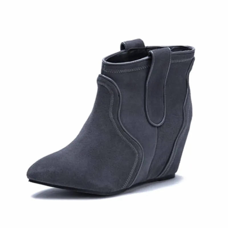 Осенне-зимние сапоги от компании enmayla, увеличивающие рост ботильоны женские удобные пикантные ботинки на танкетке с острым носком без застежки, Классические ботинки на высоком каблуке