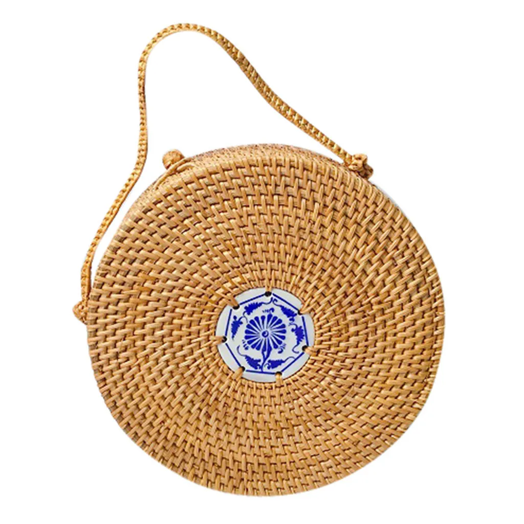 Круглые плетеные сумки через плечо ручной работы ремешки из искусственной кожи с бантом на застежке Праздничная пляжная сумка-Кроссбоди мессенджеры женские сумки