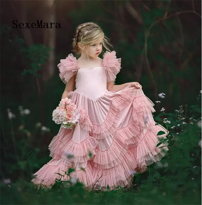 Lovely Blush Pink Flower Girl Dresses Tiered Ruffle Tulle Pageant Gowns First Communion Dress Floor Length Custom Made Lovely Blush Pink Flower Girl Dresses Tiered Ruffle Tulle Pageant Gowns First Communion Dress Floor Length Custom Made
