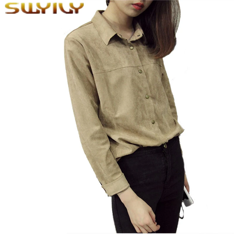Faux Suede Shirt European Style Vintage Brass Buckle Brief Long Sleeve Shirts Women Slim Shirt 2016 New Autumn Blouse