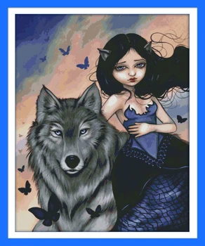 

Wolf and girl Counted Cross Stitch 11CT Printed 14CT Cross Stitch Set DIY Chinese Cotton Cross-stitch Kit Embroidery Needlework