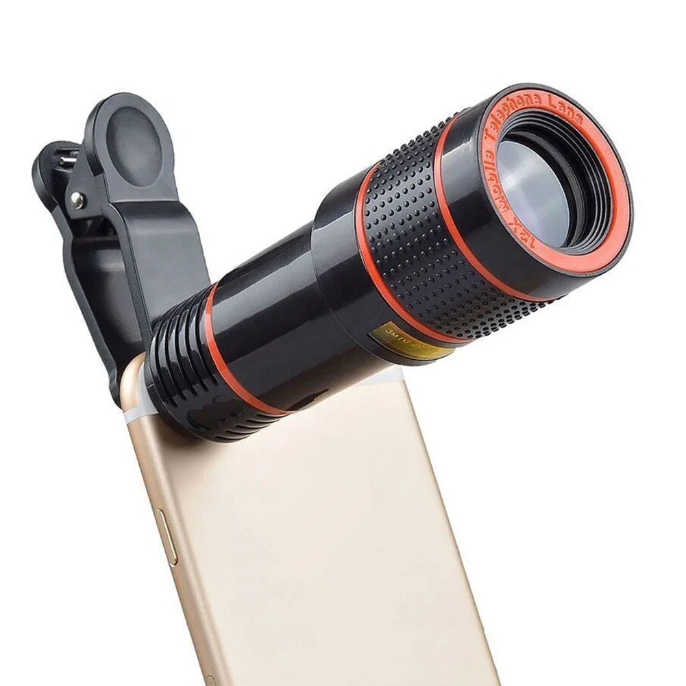 Универсальный Высокий прозрачный 12X оптический зум телескоп мобильный телефон камера объектив клип для iPhone 6 7 samsung sony htc Motorola LG - Цвет: Черный