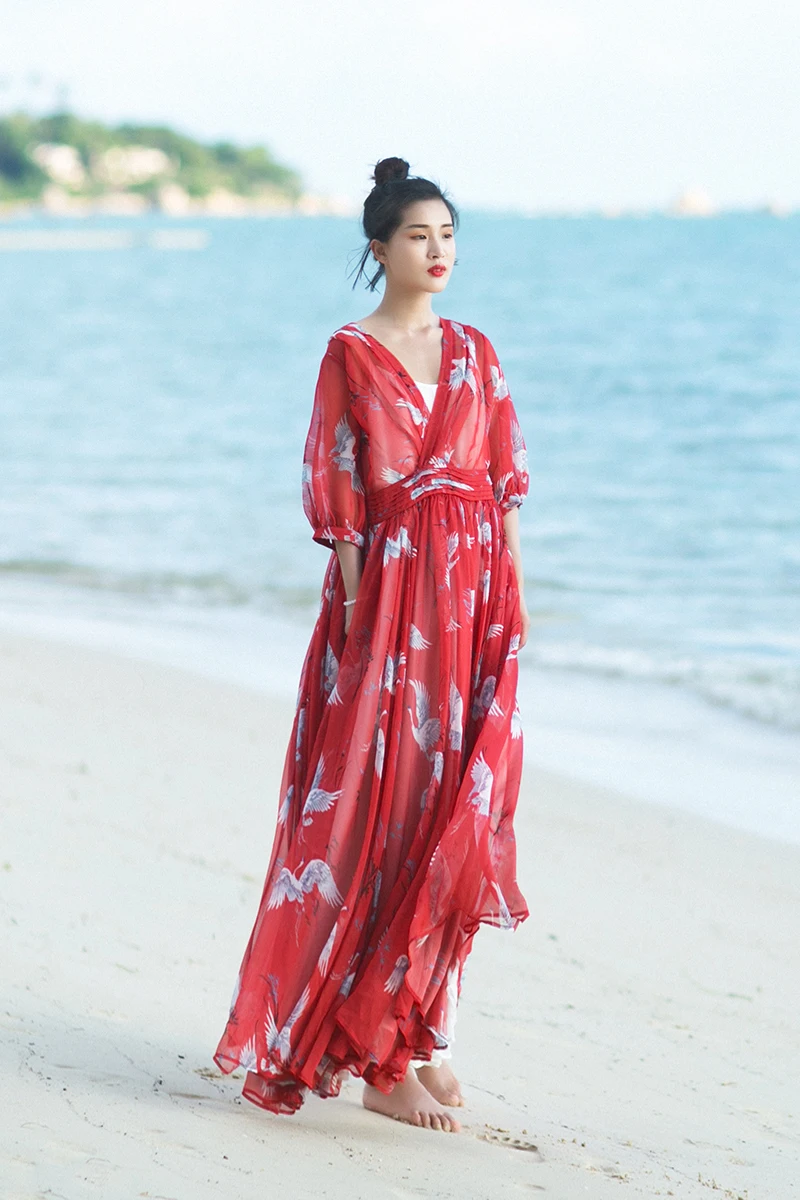 Винтажное длинное пляжное платье макси с полурукавами и принтом журавлей|print dress|a