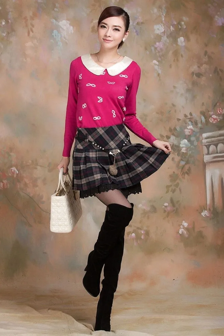 Осень-зима Повседневное короткие юбки Для женщин Красный Шотландия юбка Шотландка килт плиссированные кружева плед