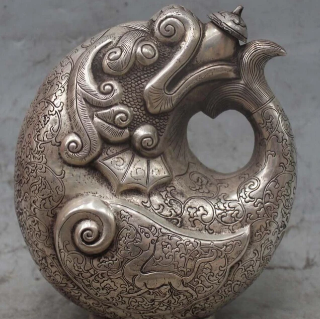 

7"Lucky Chinese Dynasty Emperor Silver Dragon Tiger beast Teapot Wine Pot Statue R0707