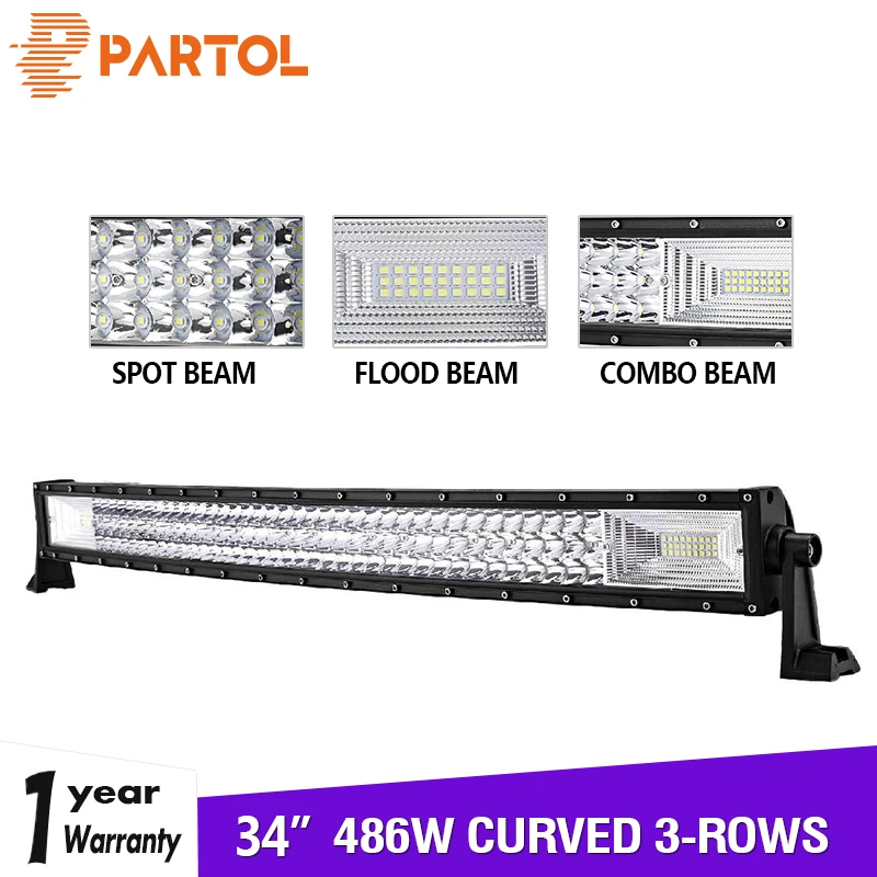 

Partol 34" 486W Tri-Row LED Light Bar Curved Triple Row LED Work Light Spot Flood Combo Beam Offroad 4WD 4x4 SUV Truck 12V 24V