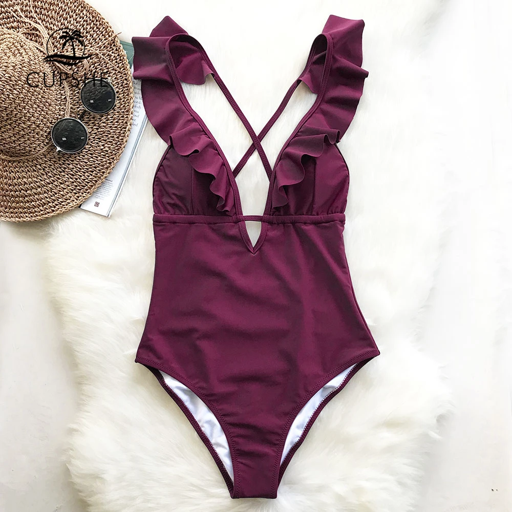 CUPSHE burgundii zawału serca Falbala jednoczęściowy strój kąpielowy kobiet wzburzyć V-neck Monokini 2019 nowe dziewczyny plaża strój kąpielowy stroje kąpielowe