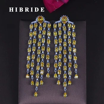 

HIBRIDE Charm Yellow Green Clear Cubic Zirocnia Women Bride Drop Tassel Earrings Dangle Earring Pendientes mujer moda E-702