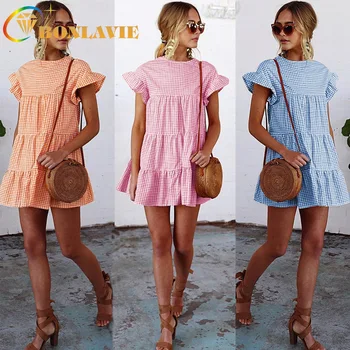 

Summer Fashion Dress Plaid Print Loose Type Loose Empire Waist O-neck Short Flare Sleeve Simple Style Women Casual Street Wear