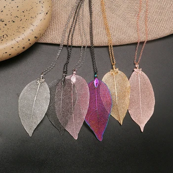 

Fashion Natural Leaf Necklace Pendant For Women Handmade Real Leaves Necklace Female Collar Chain 6 Colors Jewelry Party Gift