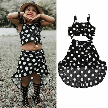

Baby Girl Polka Dot Clothing Sets Sling Black Dots Bow Vest Crop Tops Irregular Lace-up Skirts 2Pcs Outfits Set Summer Children