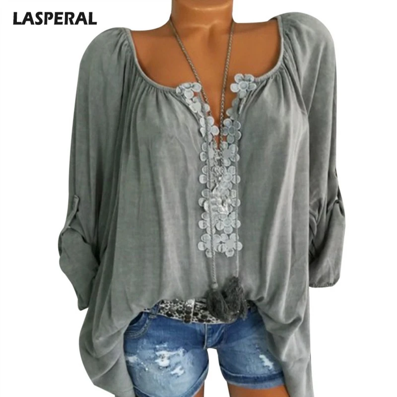 

LASPERAL 2019 Spring Blouses Femme Plus Size Blusas Bohemian New 5XL Long Sleeve Neck Shirts Women Casual Loose Summer Top
