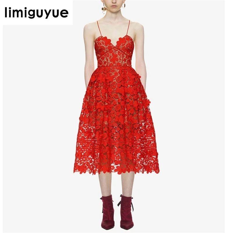 

limiguyue newest 2018 spring high quality runway dress spaghetti strap lace dress hollow out self portrait dresses women H0929