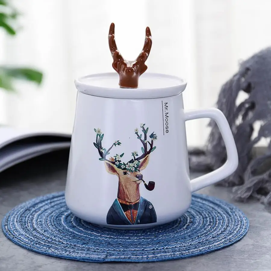 Nordic creative deerhorn керамическая с крышкой мультфильм студенческая пара водная чашка