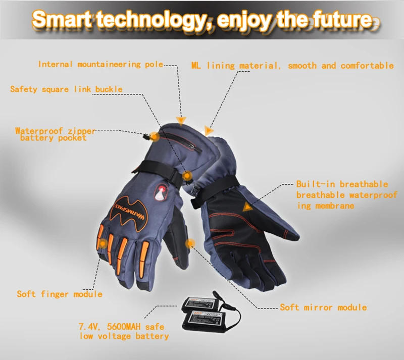 Warmspace 7,4 в 5600 мАч мотоциклетные Электрические перезаряжаемые перчатки с подогревом зимние водонепроницаемые литиевые батареи Самонагревающиеся лыжные перчатки