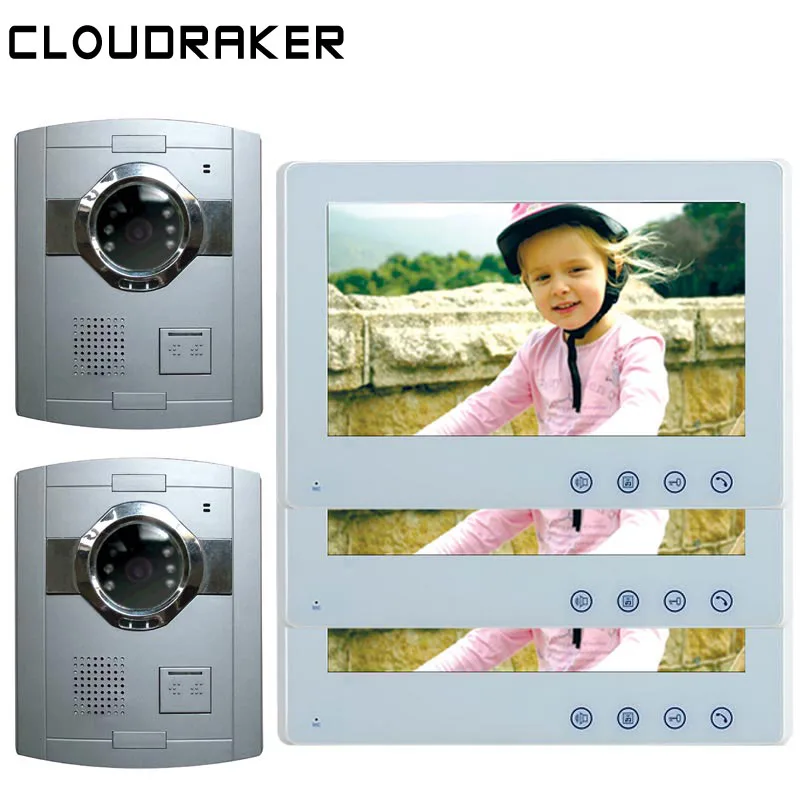 

CLOUDRAKER 10'' Video Doorbell Intercom System 3x Monitor with 2x Silver Wired Door Phone Camera Video Intercom