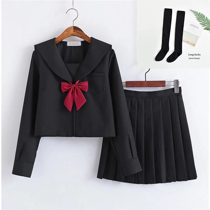 UPHYD черная школьная форма костюмы для косплея аниме японский стиль JK униформа моряка костюм Студенческая одежда для колледжа - Цвет: Long Set With Socks