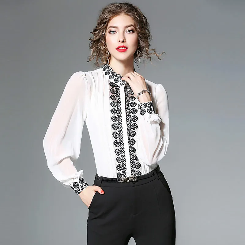  Willstage Chiffon Blouses Women Lantern Sleeve Floral Embroidery Two pieces Shirts with bottom holl