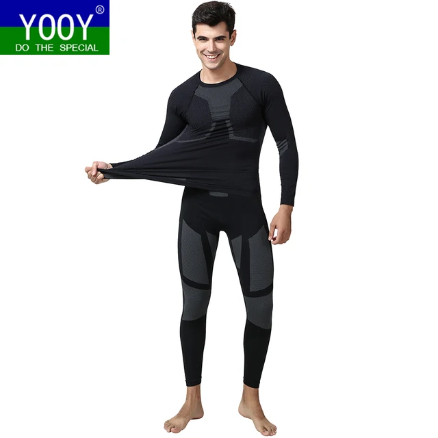 YOOY Men Ski Thermal Underwear Set Boy Quick Dry functional Compression Tracksuit Fitness Tight Shirts Sport Black Sport Suits