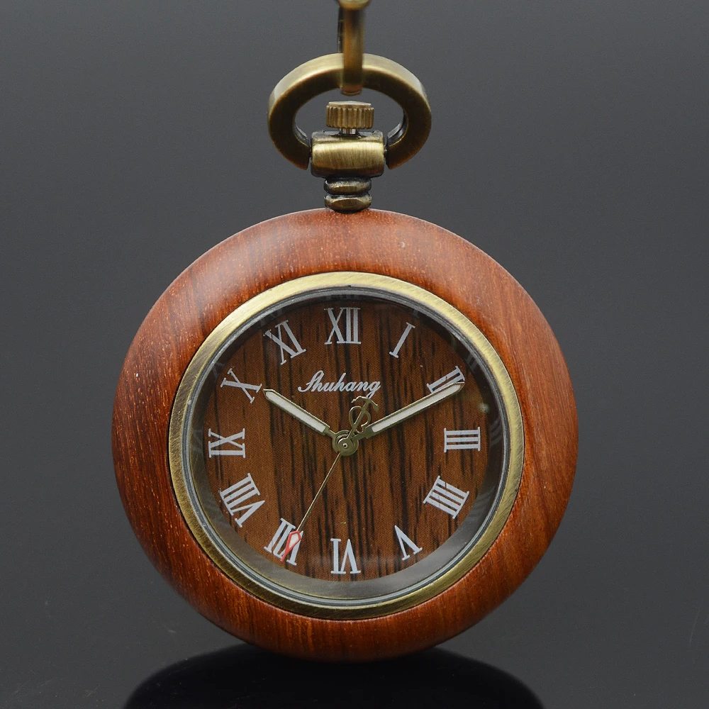 

Shuhang Brand Bronze Tone Roman Number Dial Wooden Case Japan Quartz Movement Men Women Pocket Watch W/Chain Luxury Wooden Watch
