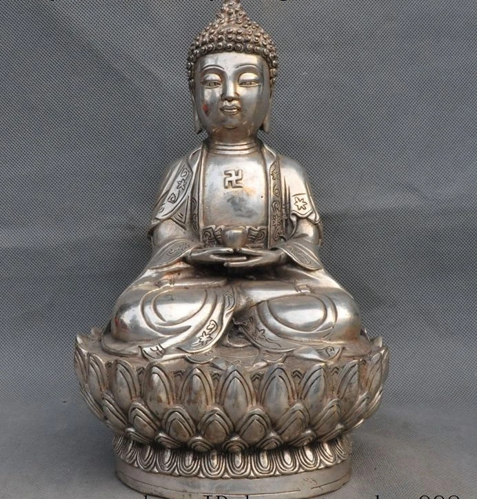 

11"Old Tibet buddhism Fane Silver Sakyamuni Shakyamuni Tathagata Buddha statue