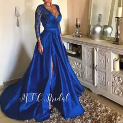 Элегантный насыщенного синего цвета вечернее платье 2019 сторона длинный рукав с разрезом V шеи линия Кружева Топ атласные дешевые