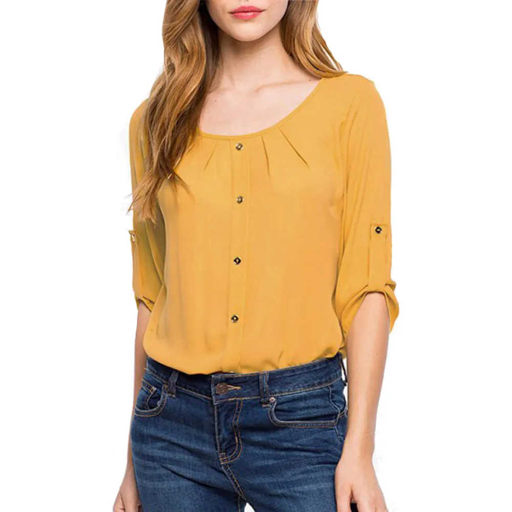 

Fashion Women Lady Loose Long Sleeve Chiffon Casual Round neck solid color Shirt Tops ropa mujer