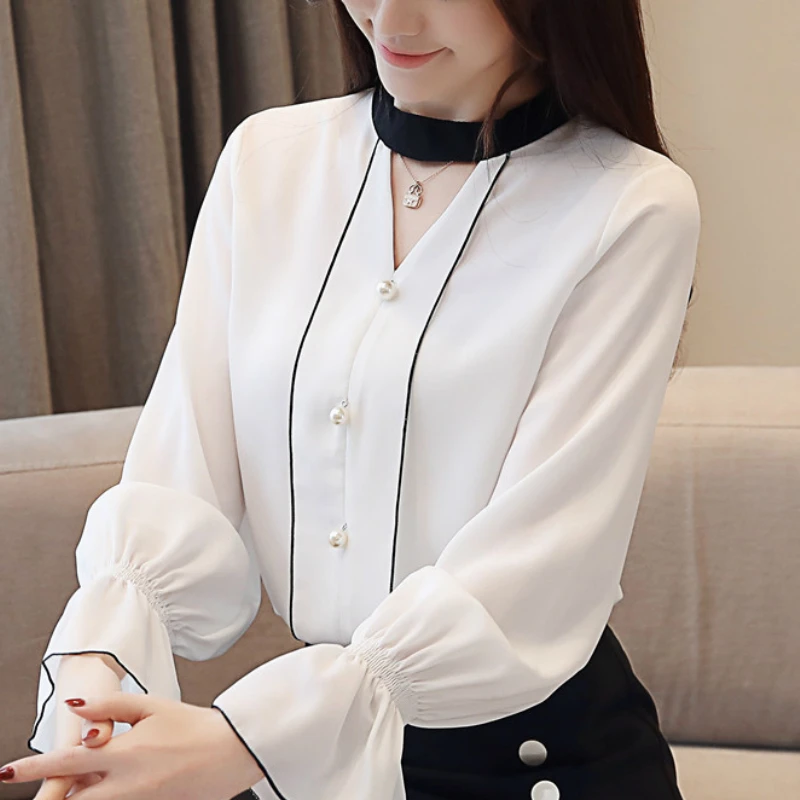 

fashion women blouses chiffon blouse shirt long sleeve women shirts v collar office white blouse womens tops and blouses A960