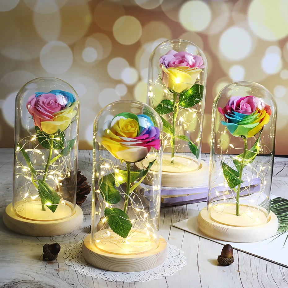 LED Soap Flower Rose Flower In Glass Dome Christmas Gifts Artificial Flower Valentine's Day Wedding Party Home Decor Fake Flower