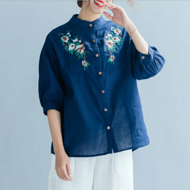 

Johnature 2019 Autumn Casual Korean Loose New Women Tops And Blouses Embroidery Fashion Seven-Quarter Sleeve Q-Neck Shirts