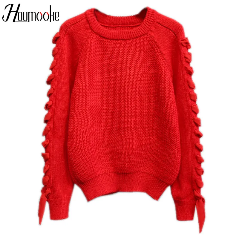 HMK 2019 Women Sweater Knitted O-neck Bow Long Seleeve solid color chic Pullover Womens Sweaters Jumper Sueter Mujer Top | Женская