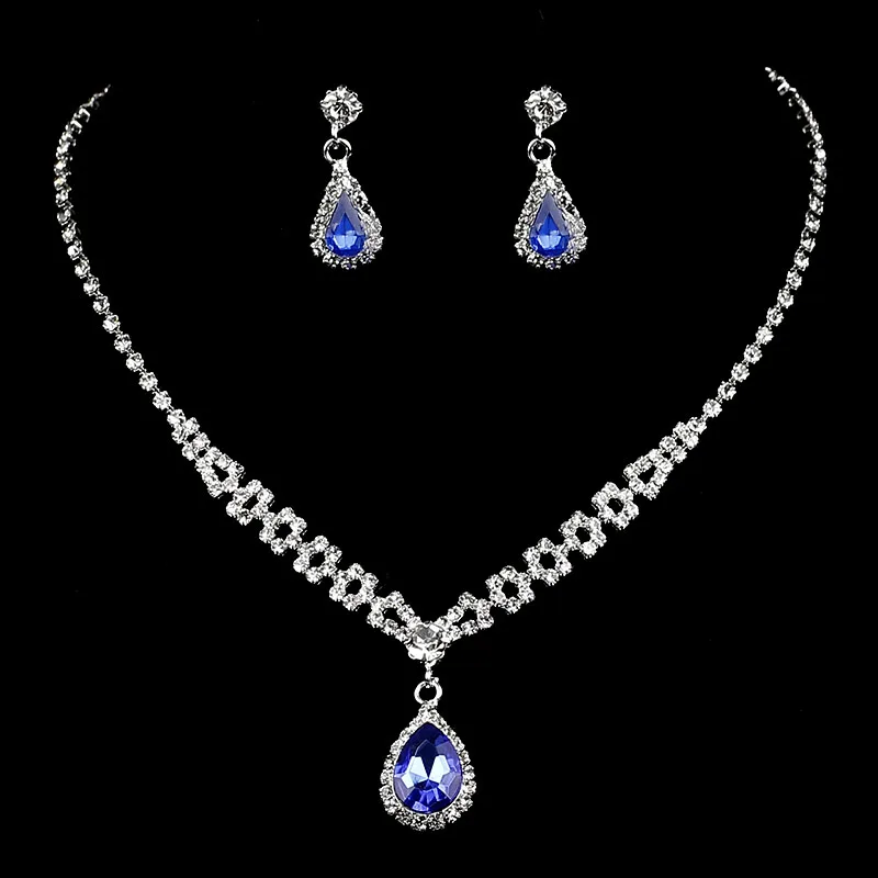 TREAZY Royal Blue Crystal Bridal Jewelry Sets Silver Plated Rhinestone Necklace Earrings Set for Women Prom Wedding Jewelry Sets 