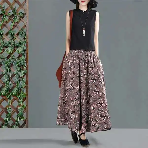 Spring Skirt Women Loose Elastic Waist Retro Skirt New Ladies Print pocket Vintage Casual Skirt Mori girl