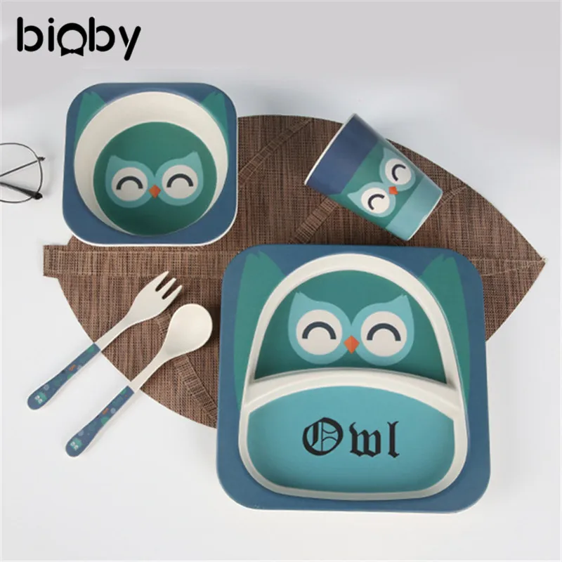 

5Pcs Children Bamboo Fiber Tableware Cartoon Animal Baby Dishes Set Kids Baby Feeding Bowl Fork Spoons Cup Plate Dining Tools
