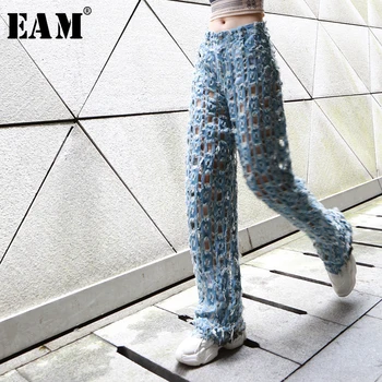 

[EAM] 2020 New Spring Autumn High Elastic Waist Retro Hole Hollow Out Loose Wide Leg Pants Women Trousers Fashion Tide JY313